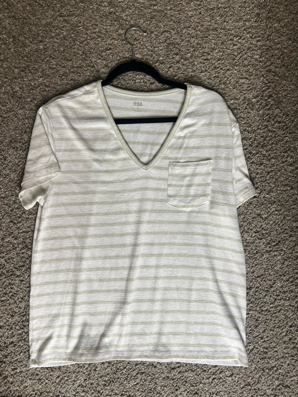 a.n.a Men's White and Light Green Striped V-Neck Pocket Tee